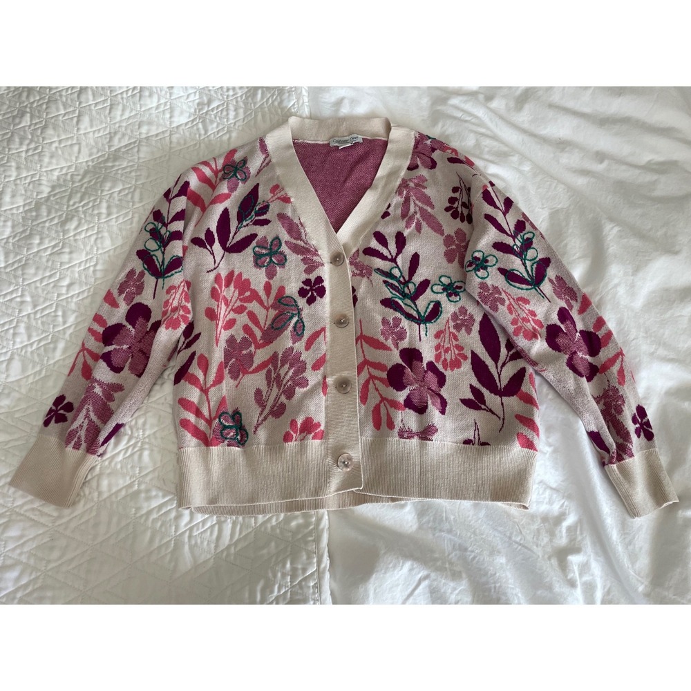 Coldwater Creek Cardigan Pink Floral Print V-Neck Button Front Petite Medium
